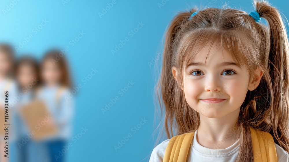 Smiling girl with backpack in bright learning space Smiling girl with backpack in bright learning space