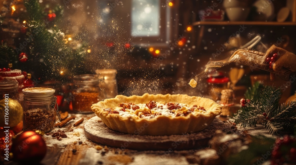 Delicious Christmas pie dusted with powdered sugar on wooden table with festive decorations. Delicious Christmas pie dusted with powdered sugar on wooden table with festive decorations.