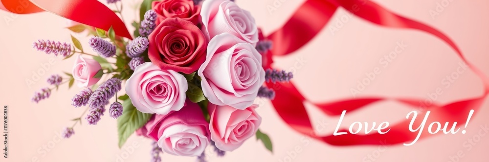 Bouquet of colorful roses with lavender and red ribbon conveying love and affection on a soft pink background Bouquet of colorful roses with lavender and red ribbon conveying love and affection on a soft pink background