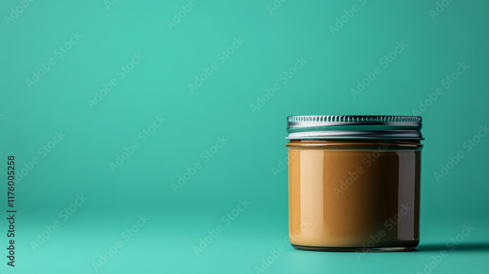 Glass jar with metal lid on green background Glass jar with metal lid on green background