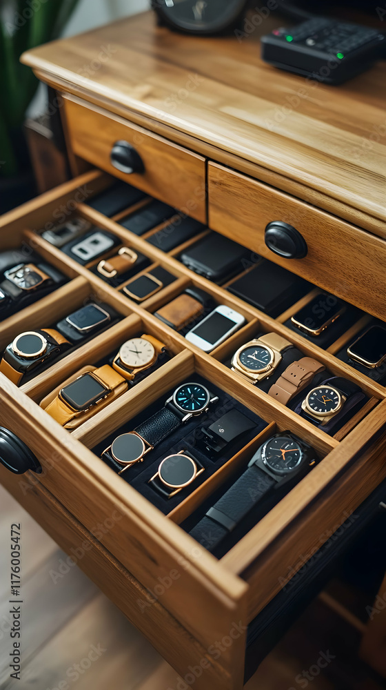 Open wooden drawer filled with organized watches and accessories. Open wooden drawer filled with organized watches and accessories.