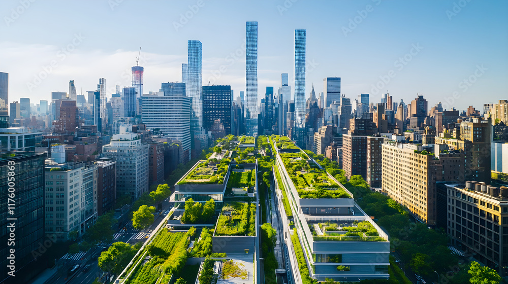 Obraz premium Urban Harmony: Aerial Perspective of City Life with Skyscrapers and Green Rooftops