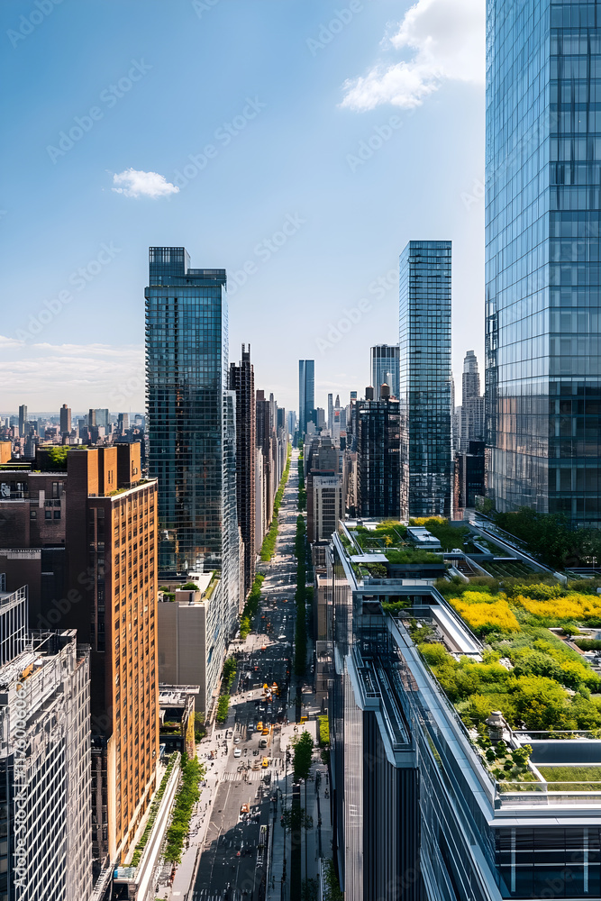 Fototapeta premium Urban Harmony: Aerial Perspective of City Life with Skyscrapers and Green Rooftops