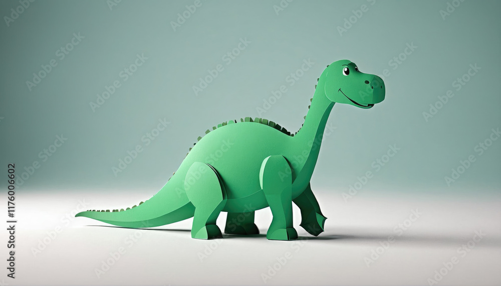 Cute green dinosaur toy stands on a light surface showcasing its playful design and colorful features in a simple studio setting Cute green dinosaur toy stands on a light surface showcasing its playful design and colorful features in a simple studio setting