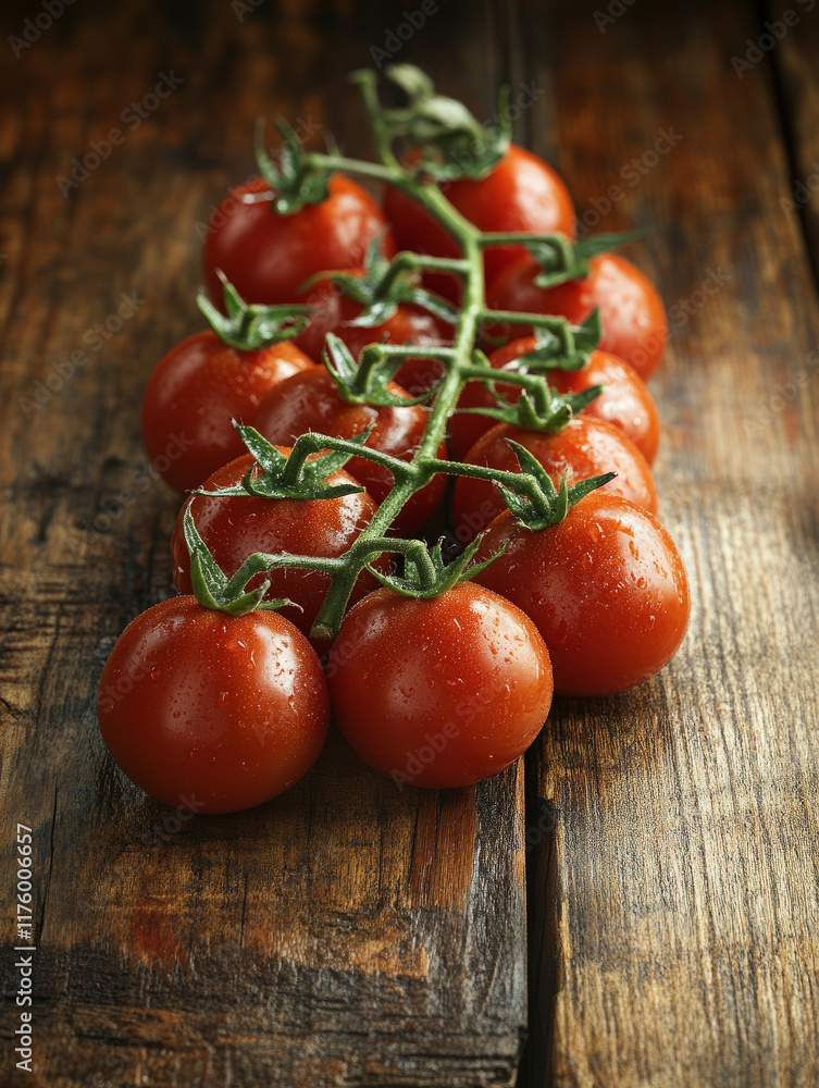 Cluster of ripe cherry tomatoes on a rustic wooden table. Cluster of ripe cherry tomatoes on a rustic wooden table.
