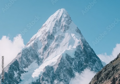 美しい雪に覆われた山の頂上と青空のコントラスト photo