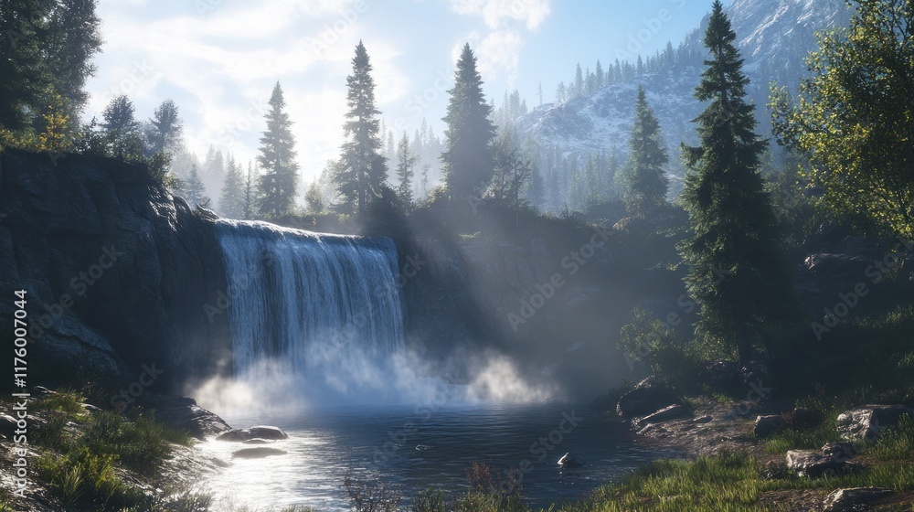 Fototapeta premium Serene waterfall cascading down rocky cliff face into a tranquil pool, surrounded by lush evergreen forest and misty mountain backdrop.