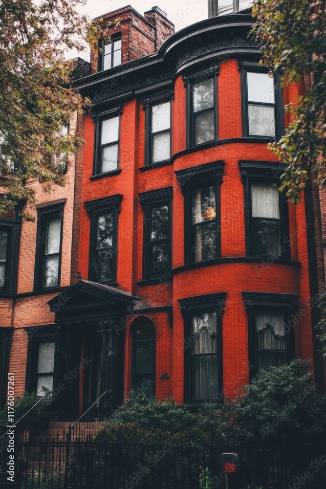 Fototapeta premium A charming bright red brick townhouse stands out beautifully among the lush, leafy green trees, set against the backdrop of an overcast urban neighborhood