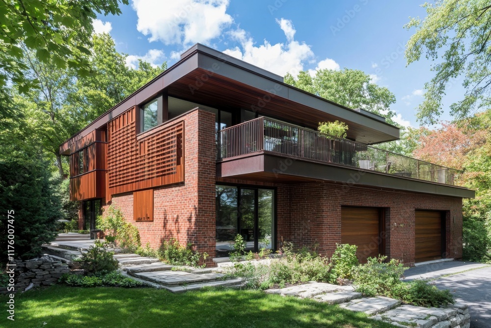 A contemporary brick home featuring a spacious balcony is beautifully situated among lush trees in a tranquil residential neighborhood, basking in the warm sunlight of a clear day A contemporary brick home featuring a spacious balcony is beautifully situated among lush trees in a tranquil residential neighborhood, basking in the warm sunlight of a clear day