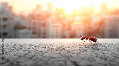 Close-up of a red ant walking on a rough surface with a blurred cityscape in the sunset background. Generated with AI. photo