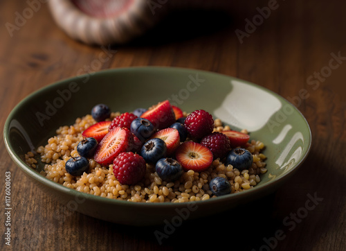 Wallpaper Mural A green bowl filled with fresh berries and rice on a wooden table Torontodigital.ca