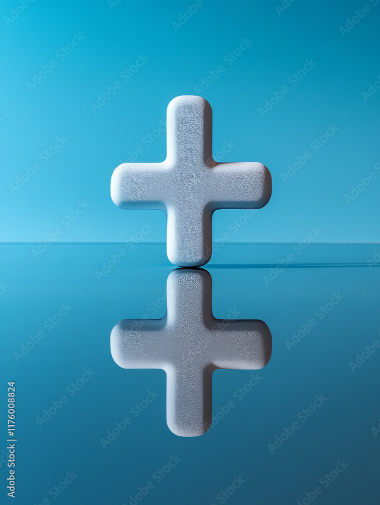 Obraz premium Plus sign reflected on a glossy blue surface