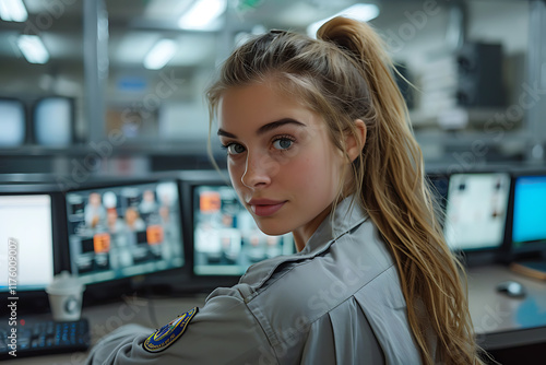 confident young jailer, a confident young jailer in a smart uniform, neatly ties her hair back in a ponytail while watching over multiple monitors in a modern control room photo