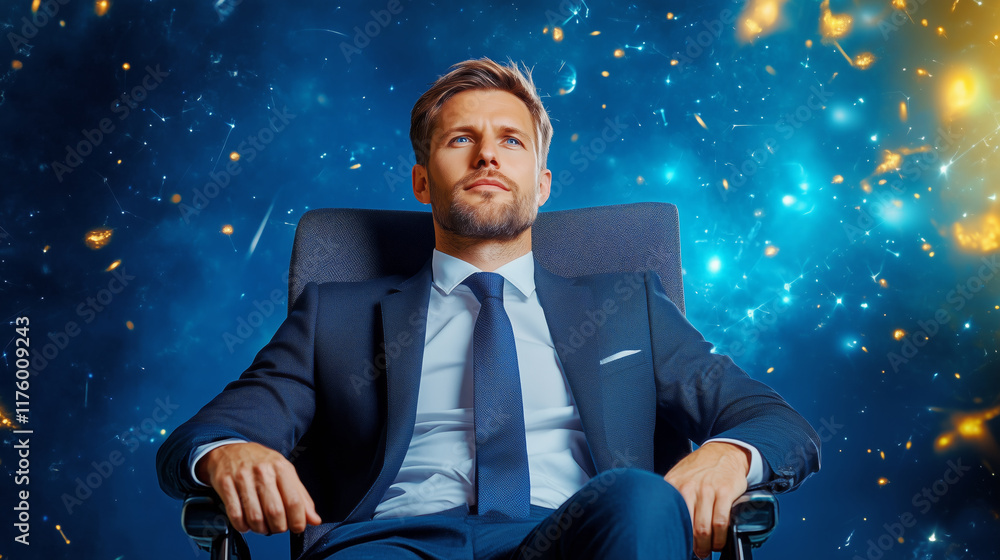 Confident man in suit contemplating future in office chair Confident man in suit contemplating future in office chair