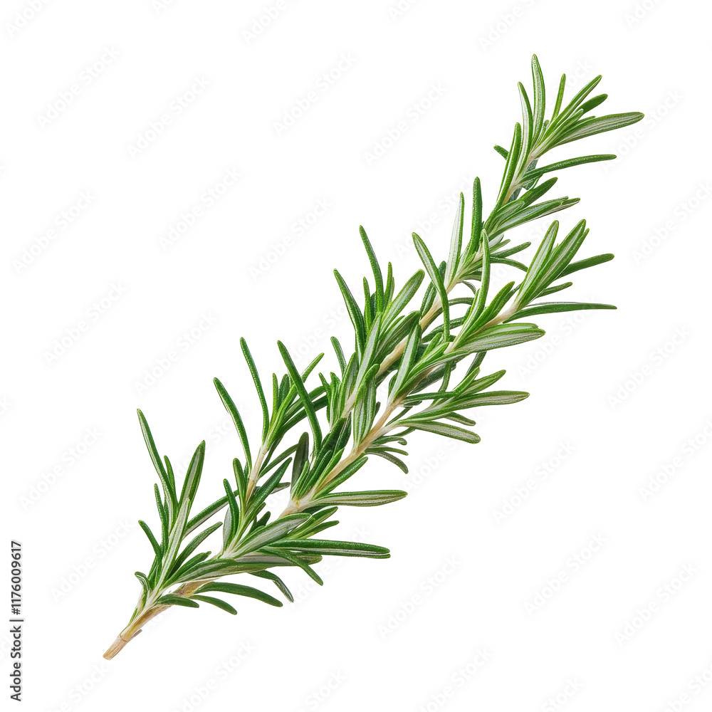 Fototapeta premium Fresh rosemary branch isolated on a transparent background, showcasing its vibrant green leaves and aromatic qualities, rosemary branch isolated on transparent background