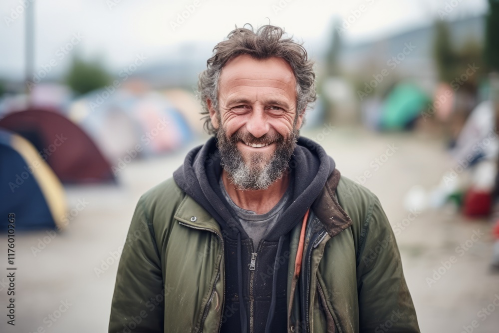 Portrait of a smiling middle-aged man with gray hair and beard in a green jacket standing in front of a tent on a blurred background Portrait of a smiling middle-aged man with gray hair and beard in a green jacket standing in front of a tent on a blurred background