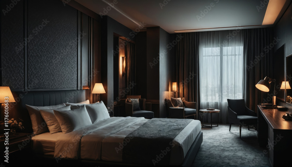 Obraz premium Cozy and elegant bedroom with soft lighting, located in modern hotel suite during evening hours