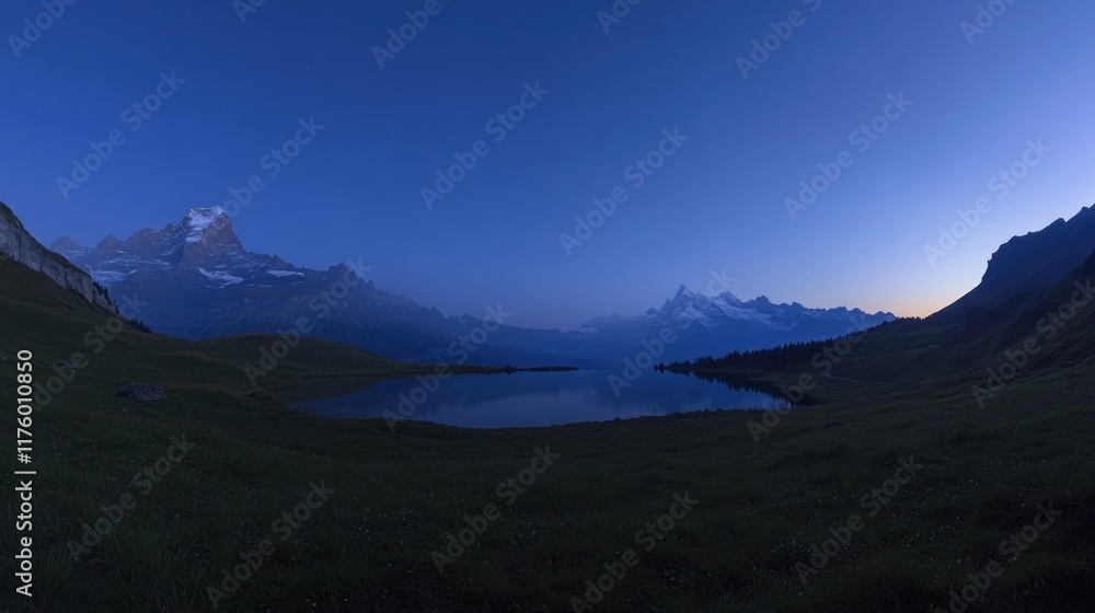 Obraz premium Serene twilight landscape with a tranquil lake reflecting majestic snow-capped mountains under a deep blue sky.