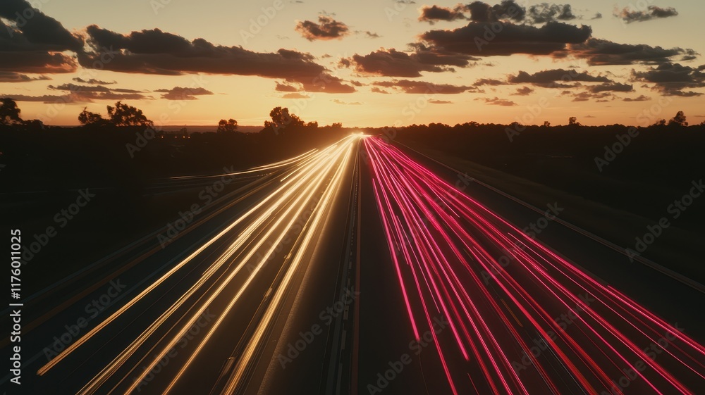Obraz premium Cargo Route Concept. Streaks of light on a highway during a vibrant sunset with scattered clouds.