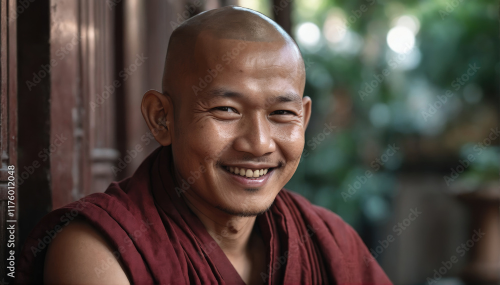 Obraz premium Monk smiling peacefully in a serene temple setting surrounded by vibrant greenery
