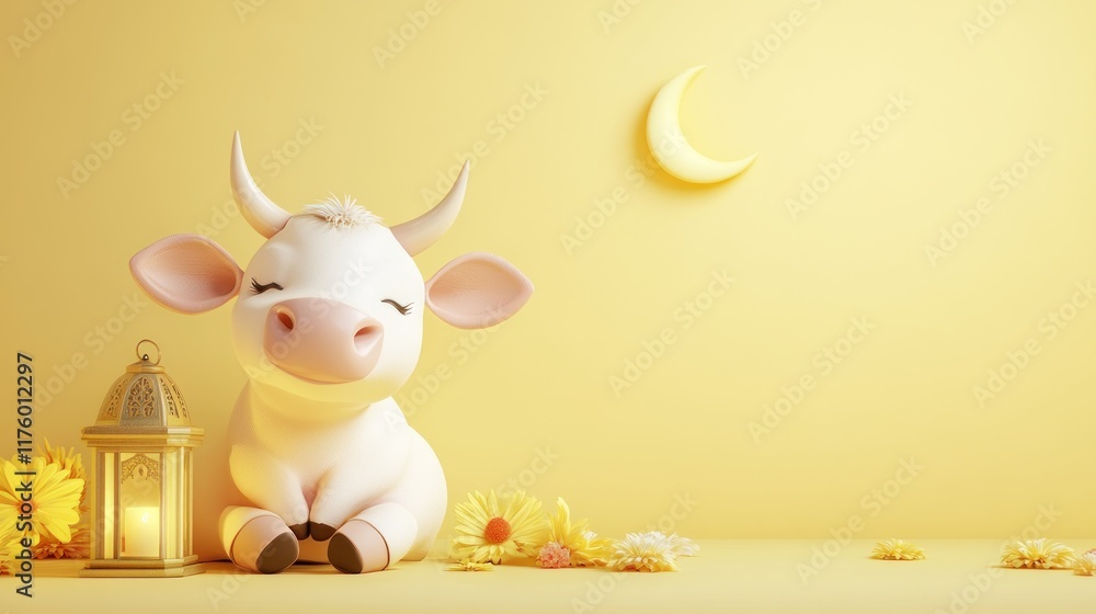 Naklejka premium Cute cartoon cow with lantern and flowers on yellow background.
