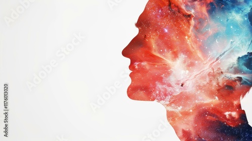 A man ponders deeply, with neurons glowing like stars, representing the vast cosmos within the human mind. photo