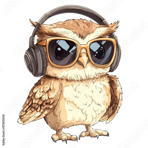 A cute cartoon baby owl wearing stylish sunglasses and headphones enjoys a sunny day outdoors, Cute cartoon character baby owl wearing sunglasses transparent background. Owl transparent background photo