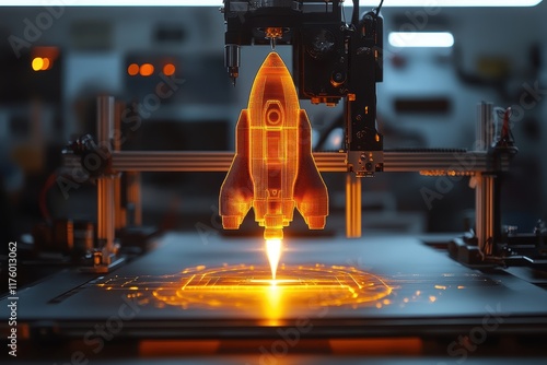 Futuristic rocket being printed by advanced 3D printer in a high-tech environment