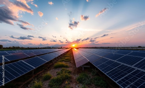 Setting sun over field of solar panels innovative solar panel innovation power electricity energy technology panel renewable