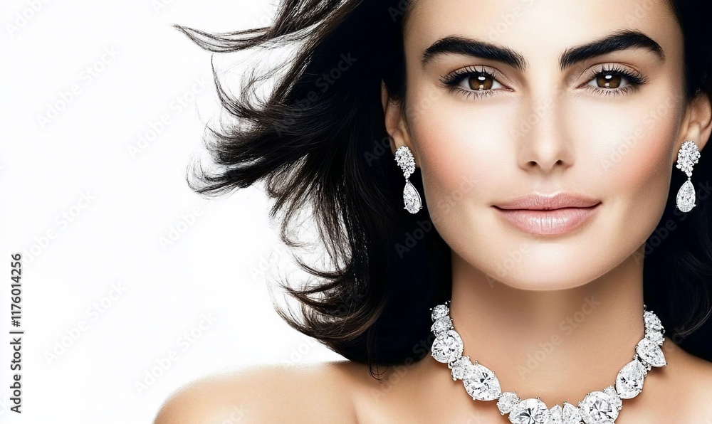A close-up portrait of a woman wearing elegant jewelry against a white background. A close-up portrait of a woman wearing elegant jewelry against a white background.