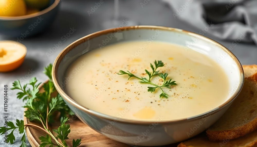 french vichyssoise soup in bowl real photo french vichyssoise soup in bowl real photo
