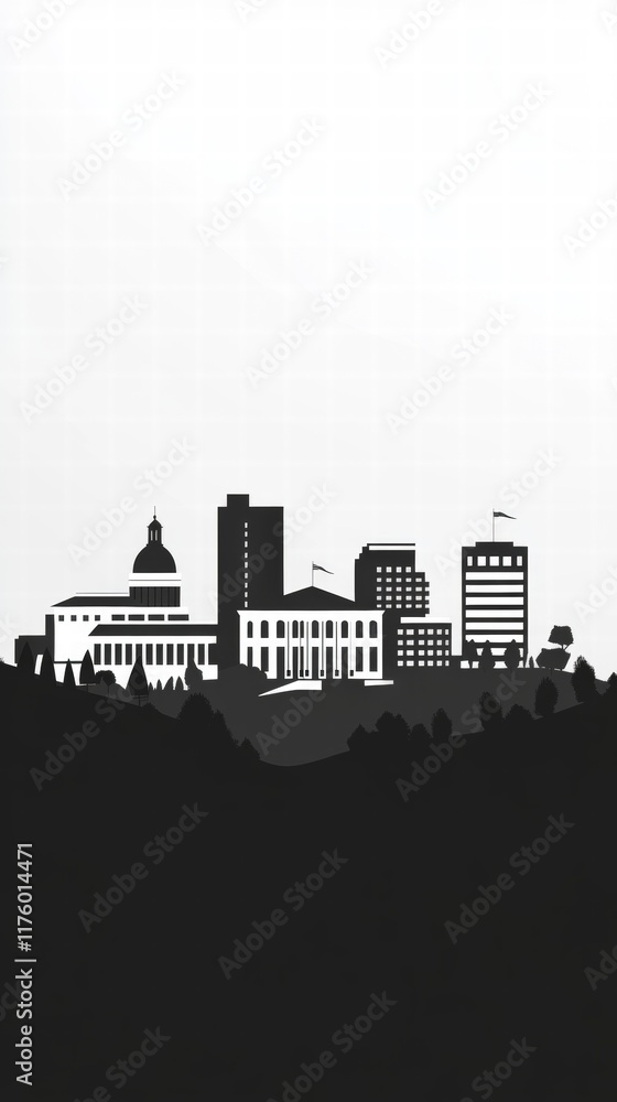 Obraz premium Cityscape skyline illustration, urban landscape, buildings, hills, background design, website banner.
