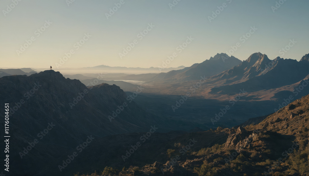 Fototapeta premium Majestic mountains tower over a serene valley at sunset in a remote wilderness location