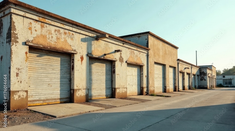 Rustic Industrial Building with Weathered Walls and Roll-Up Doors at Sunset Rustic Industrial Building with Weathered Walls and Roll-Up Doors at Sunset