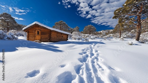 A cozy wooden cabin ensconced in a snowy winter wonderland, surrounded by frost-covered trees and a pristine blue sky photo