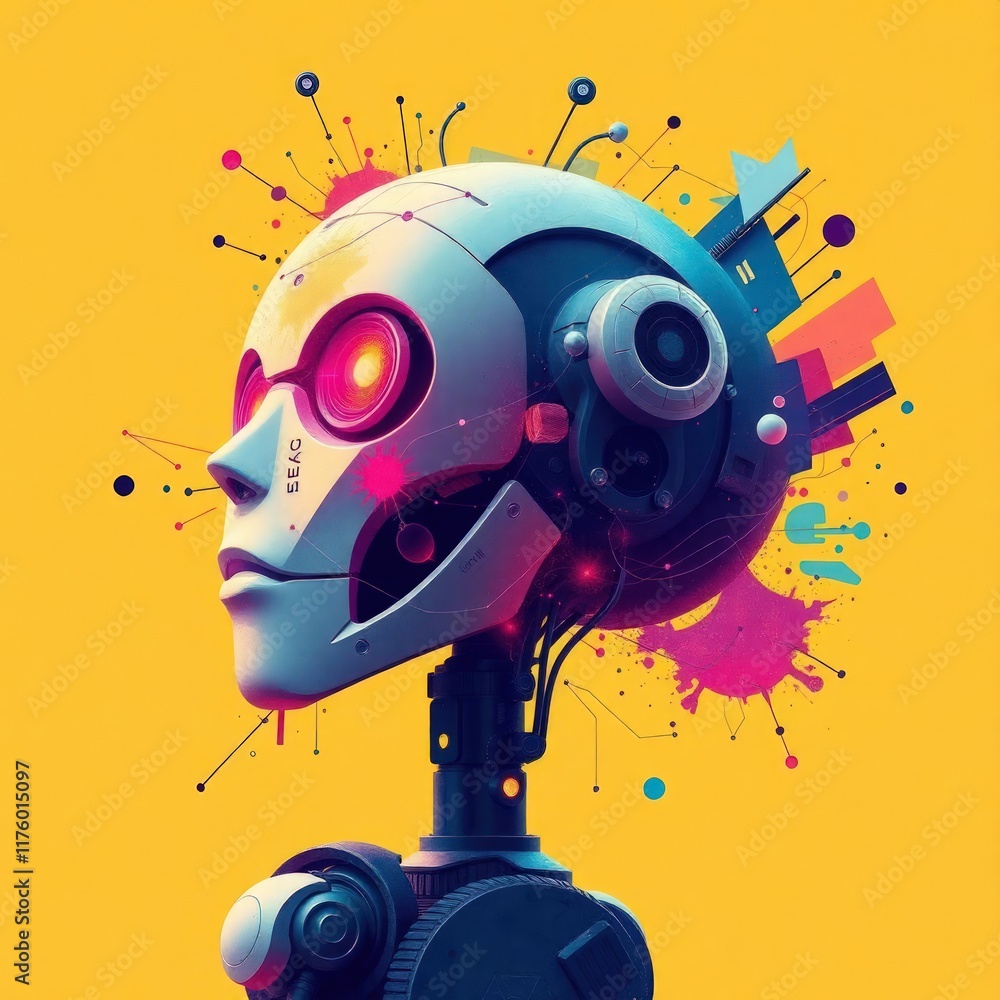 Fototapeta premium Futuristic humanoid robot with a sleek, stylized design. Its head is rounded and smooth, featuring large, expressive eyes that glow a vibrant red, giving it a friendly yet slightly mysterious .