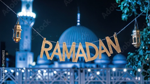 Hanging Ramadan Decorations and Ramadan in Gold Brass Letters Against a Blurred Mosque Background. RAMADAN KAREEM on light background photo