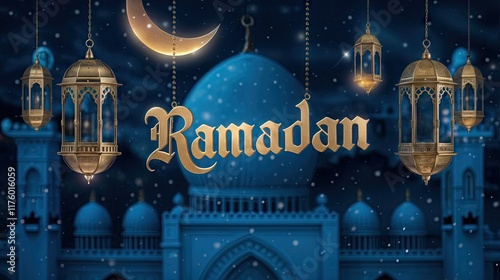 Hanging Ramadan Decorations and Ramadan in Gold Brass Letters Against a Blurred Mosque Background. RAMADAN KAREEM on light background photo