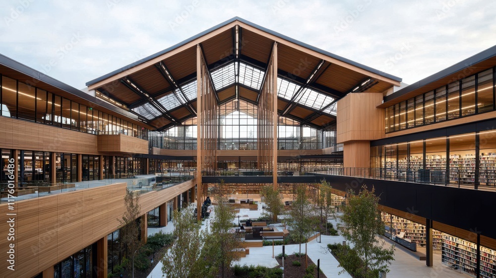 A contemporary university library boasts tiered study areas and lush courtyard, designed for optimal learning and relaxation. A contemporary university library boasts tiered study areas and lush courtyard, designed for optimal learning and relaxation.