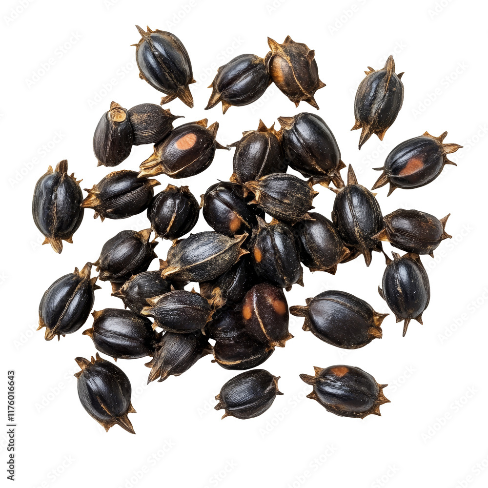 Castor oil seeds isolated on transparent background showcasing their unique shape and color with a texture in a clear layout, Castor oil seeds isolated on transparent background Castor oil seeds isolated on transparent background showcasing their unique shape and color with a texture in a clear layout, Castor oil seeds isolated on transparent background