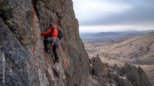 A determined mountain climber ascends a dramatic cliff face with rugged terrain, enveloped by a sprawling landscape and an overcast sky.