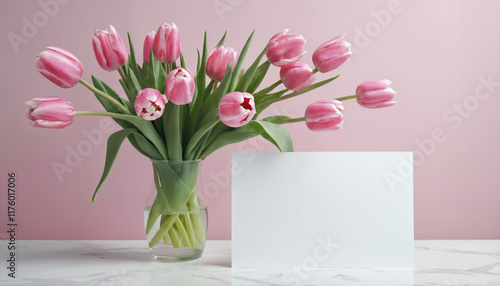 Wallpaper Mural Fresh pink tulips in a vase beside a blank card on a marble surface against a pastel pink background Torontodigital.ca