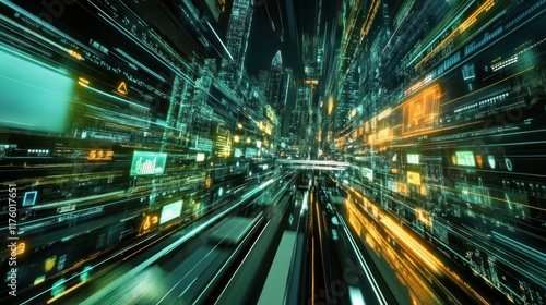 High-Tech Futuristic Cityscape with Dynamic Digital Elements and Streamlined Light Effects Representing Innovation and Urban Development at Night