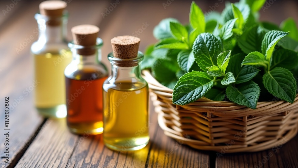 Rustic wooden table with glass bottles and fresh mint leaves Rustic wooden table with glass bottles and fresh mint leaves