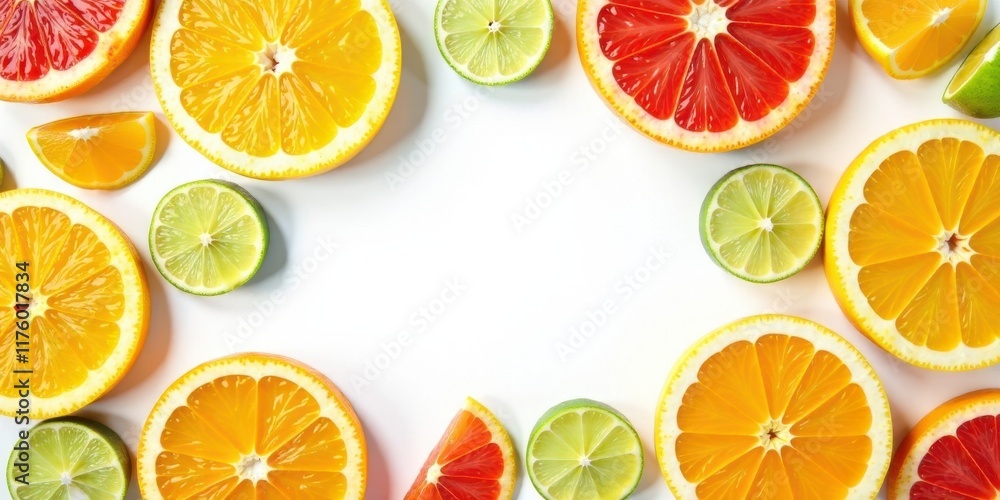 Obraz premium A vibrant citrus fruit arrangement featuring juicy oranges, limes, and grapefruit slices on a white background.