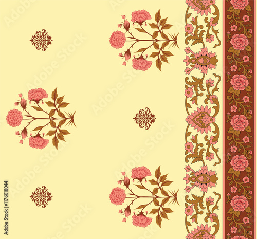 A handwoven textile-inspired design, incorporating ethnic embroidery stitches and floral motifs, suited for artisanal wallpaper and handcrafted wrapping paper.
