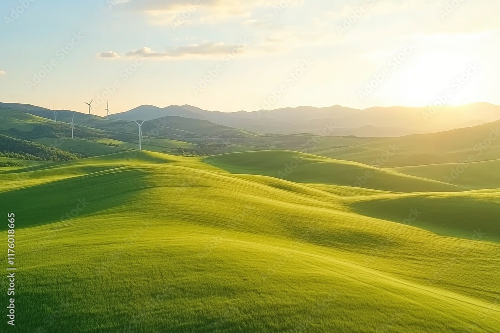 Fototapeta premium An ethereal aerial view of rolling green hills bathed in soft morning light, with wind turbines visible in the distance.