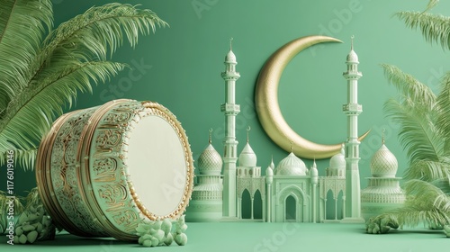 Ramadan celebration scene with mosque, drum, crescent moon, and palm leaves on green background. photo