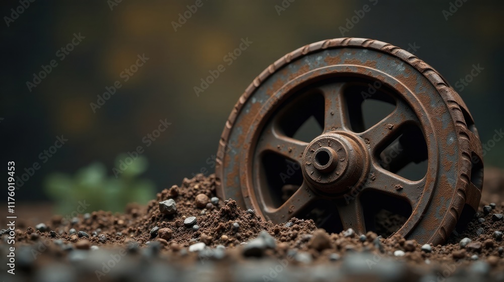Rustic Metal Wheel Embedded in Soil, Showing Signs of Age and Weathering Rustic Metal Wheel Embedded in Soil, Showing Signs of Age and Weathering