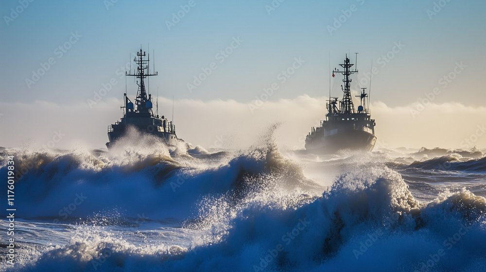 Naval patrol boats cruising through the open sea, maintaining security and vigilance in international waters, symbolizing maritime defense and global cooperation.
